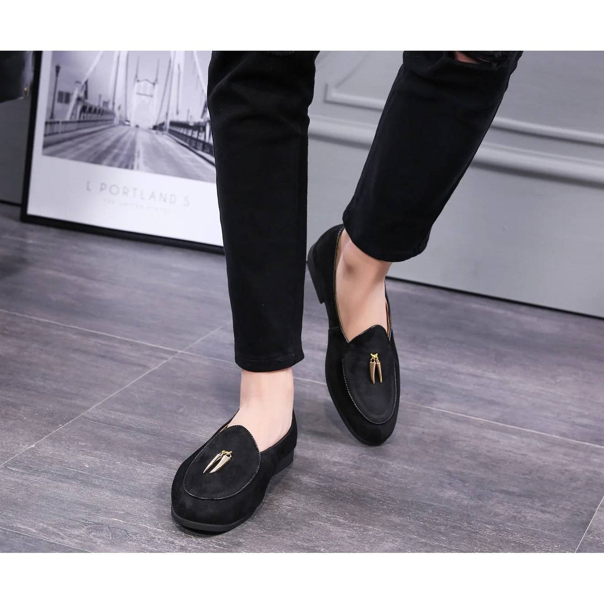 Santimon Men's US 8.5 Black Suede Smoking Slip On Loafers Formal Dress Shoes