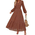 MSRP $78 ZESICA Women's L Brown Fall Long Sleeve Eyelet Maxi Dress V Neck Hollow