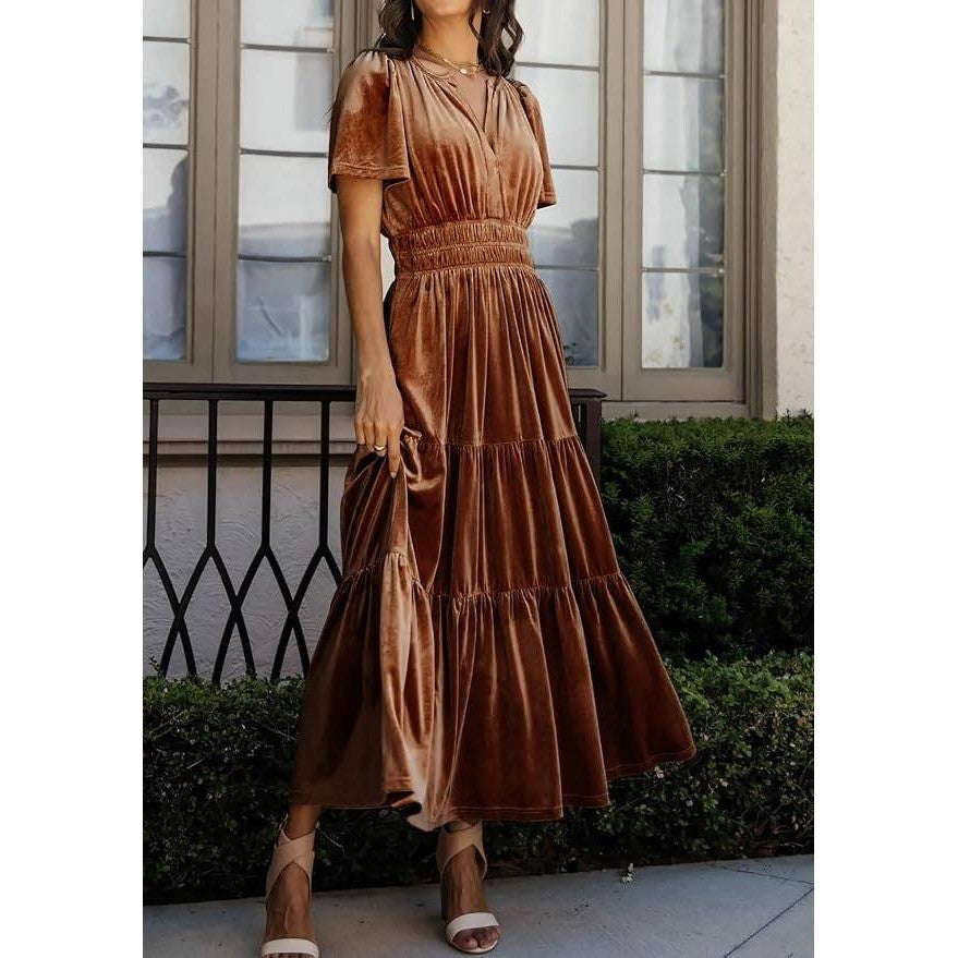 MSRP $55 R.Vivimos Women's L Fall Winter Vintage Velvet Maxi Dress Short Sleeve