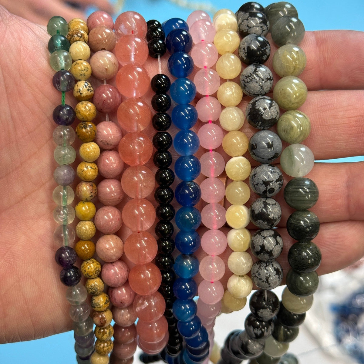Set of 10 Natural Gemstone Round Beads Strands 15" Sizes 6,8,10 mm 14oz №B11