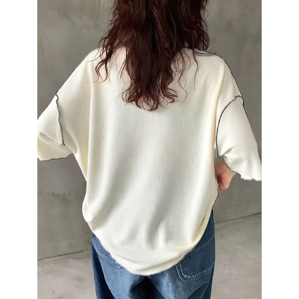 Women's Half Sleeve Oversized T-Shirt Loose Contrast Color Stripe Round Neck T