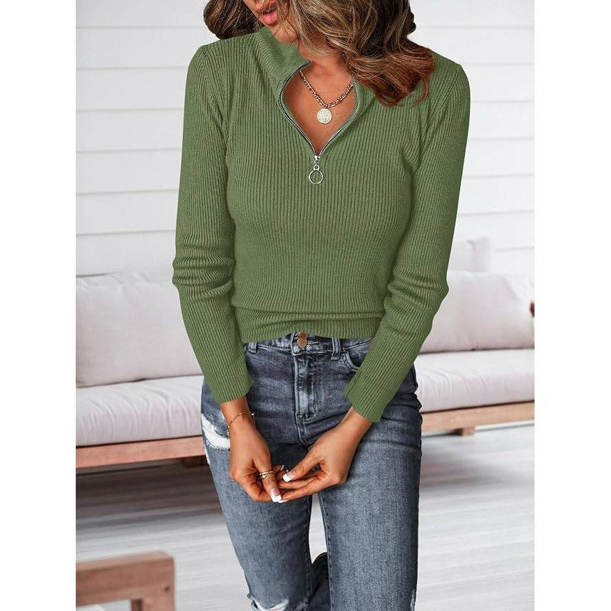 MSRP $35 PRETTYGARDEN Women's S Quarter Zip Mock Neck Rib Fitted Sweater Green