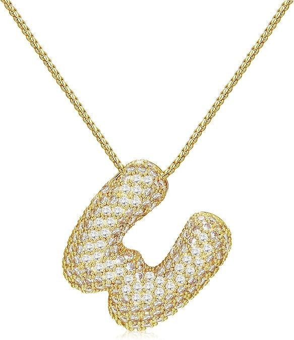 Gold Bubble Letter Women's Necklace G–W Initial Pendant, 18K Gold Plated Chunky