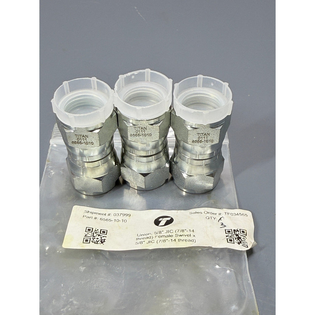 Set of 3 Titan 6565-10-10 5/8" JIC Female Swivel Union Hydraulic Fitting (7/8