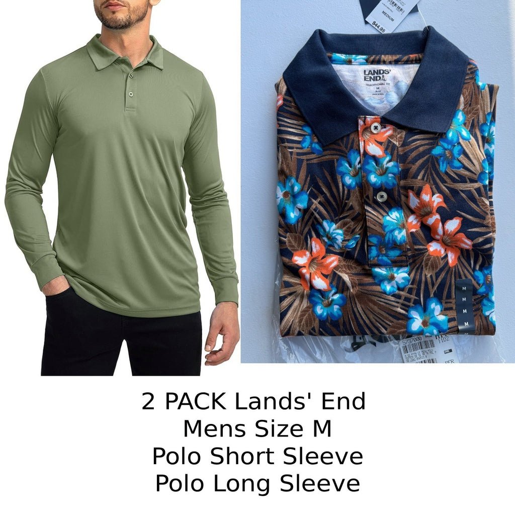 2 Pack Lands' End Mens M Polo Simple Olive LS & Deep Sea Navy Tropic Palm SS