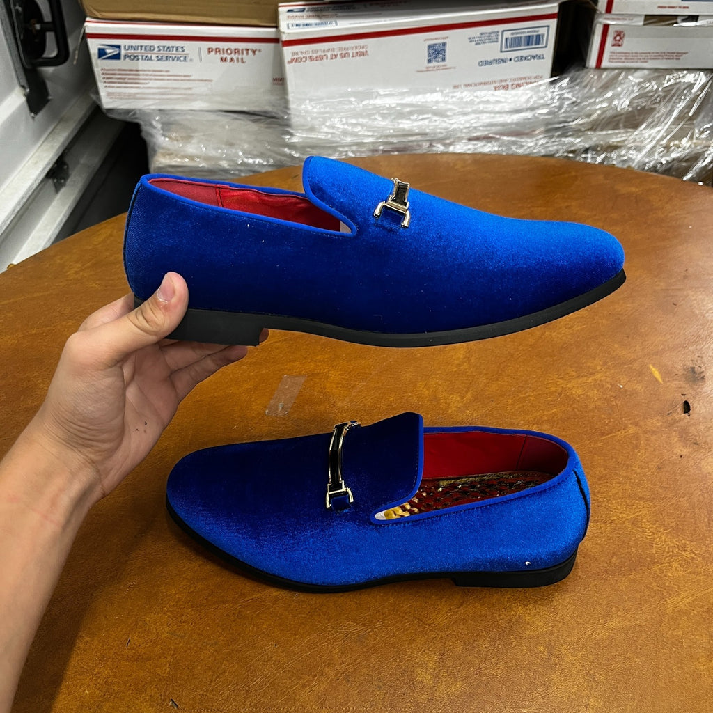 Santimon Men's US 6.5 - 12 Blue Velvet Loafers Horsebit Buckle Moccasin Shoes