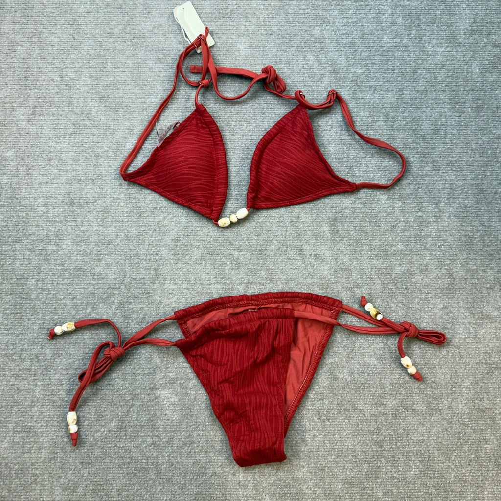 MSRP $46 seamoly Women's XS Red Bikini Set Ribbed Beaded Adjustable Spaghetti