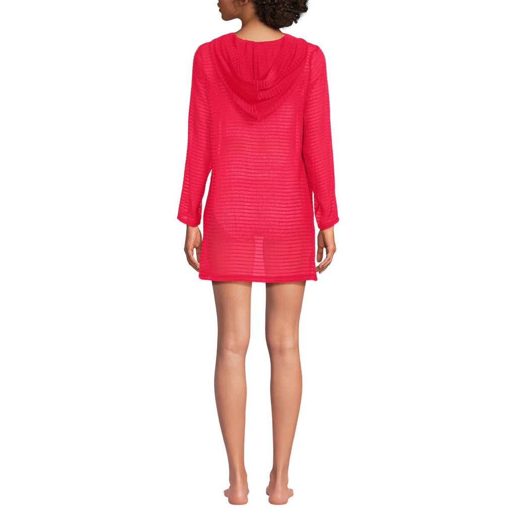 Lands' End Women's 1X LONG Rayon Rib Long Sleeve Hooded Mini Cover-up Dress Cora