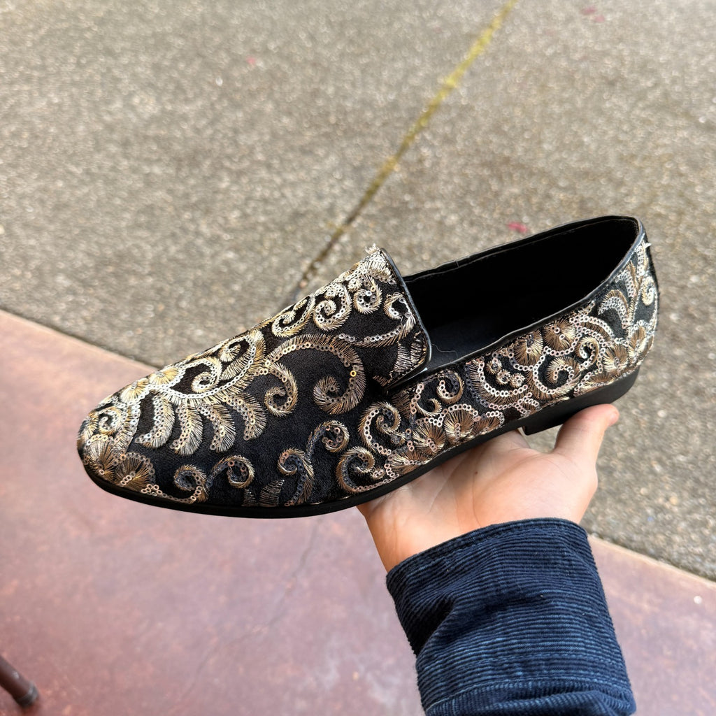 Santimon Men's US 9.5, 12 Black Velvet Gold Stitching Sequins Loafers Shoes