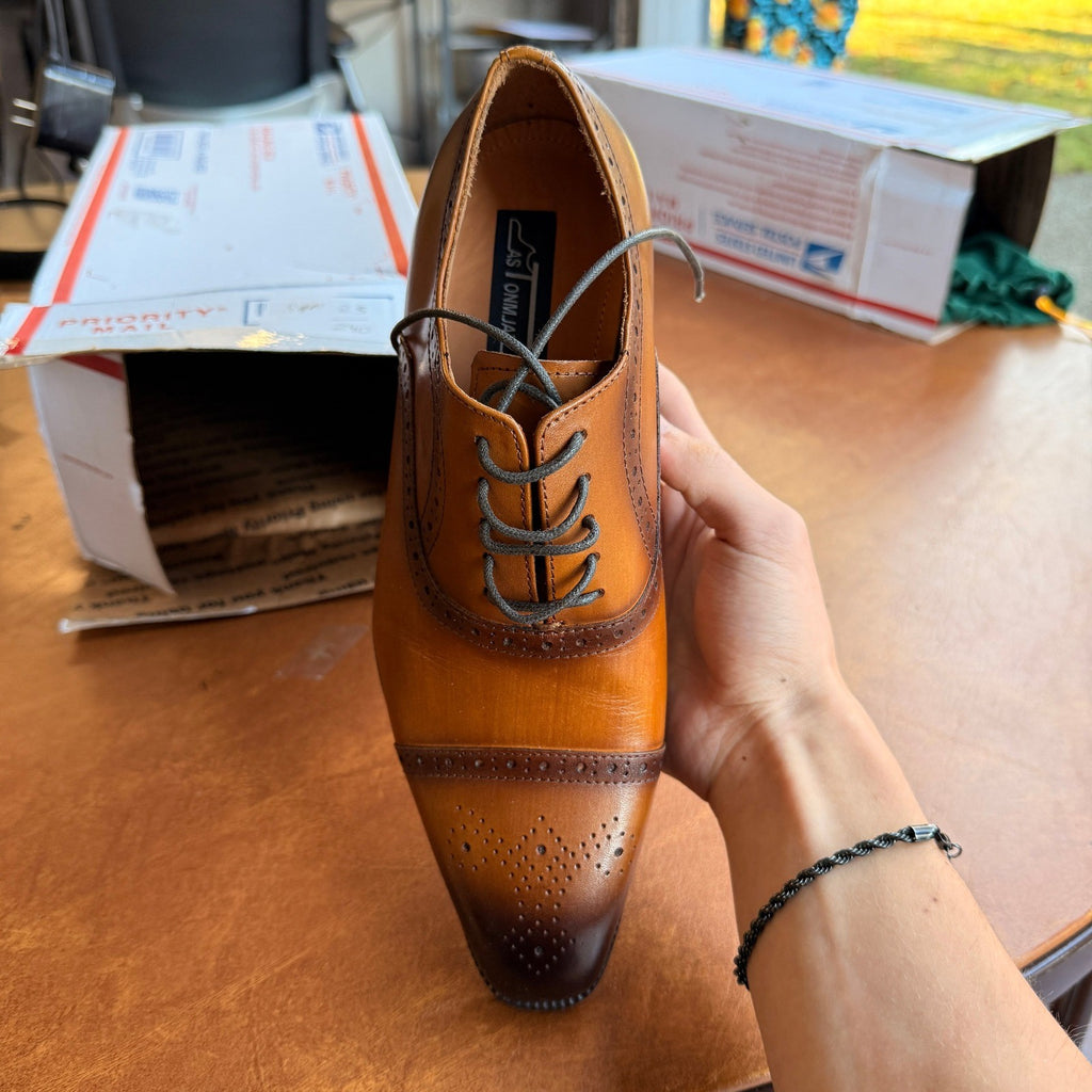 Santimon Men's US 6.5 Tan Brogue Pointed Toe Oxford Lace Up Dress Shoes