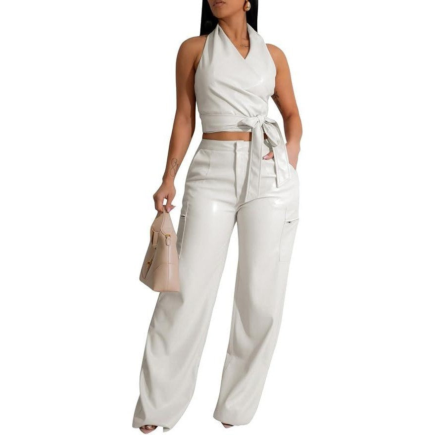 MSRP $72 WOKANSE Women's XL White PU Leather Stretchy 2 Piece Outfit Belted