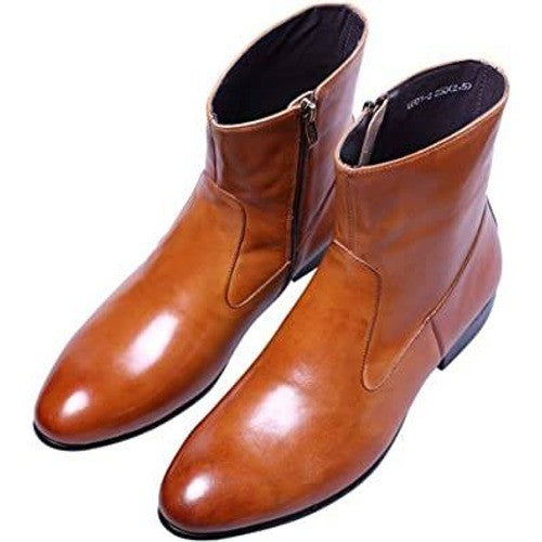 Santimon Men's US 8 Brown Leather Sleek Cut Zipper Above Ankle Dress Boots