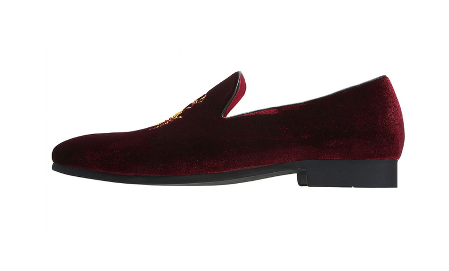 Santimon Men's US 6.5, 7.5 Red Velvet Loafers Gold Tone Embroidery Casual Shoes