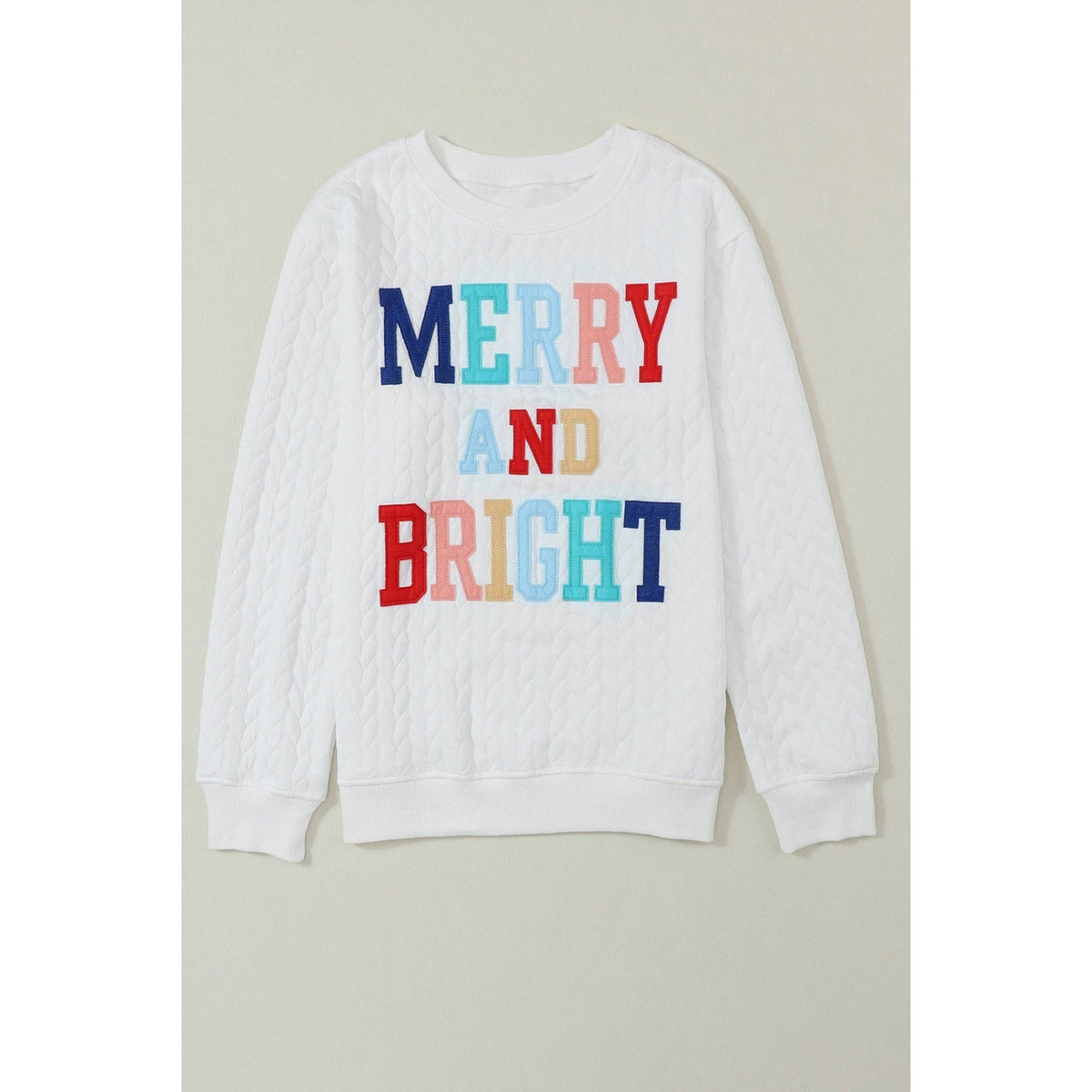 Women's White M Merry and Bright Cable Knit Crewneck Pullover Sweatshirt