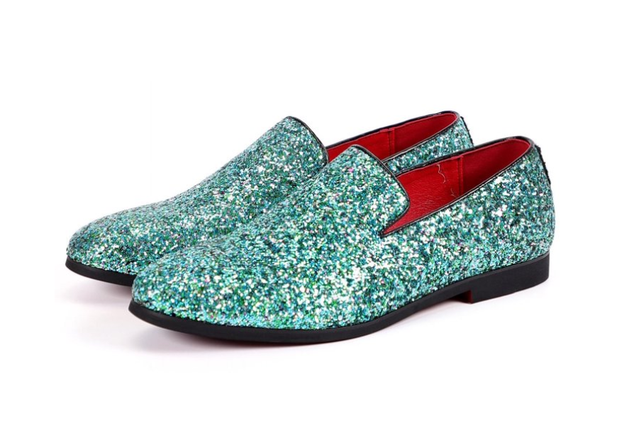 Santimon Men's US 7 - 12.5 Cyan Glitter Slip On Loafers Sequin Dress Shoes