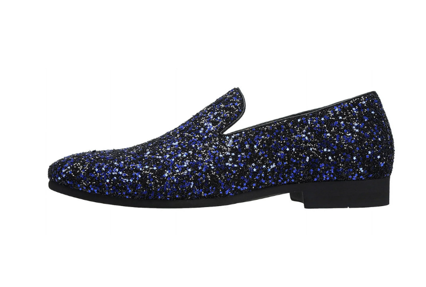 Santimon Men's US 7.5-12 Blue Sequins Glitter Smoking Loafers Casual Shoes