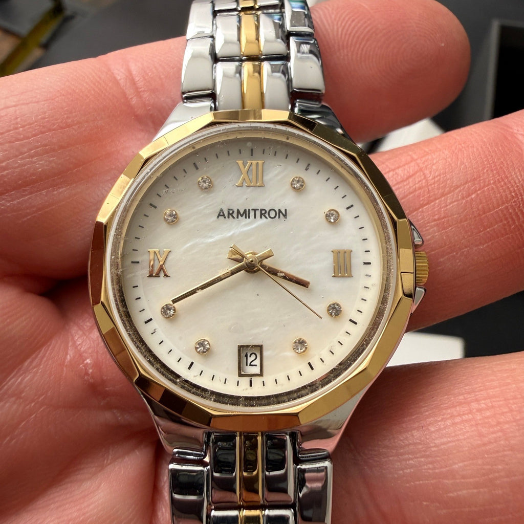 Armitron 75/5879TT Women's Two Tone Crystal Bracelet Watch Working BROKEN BAND