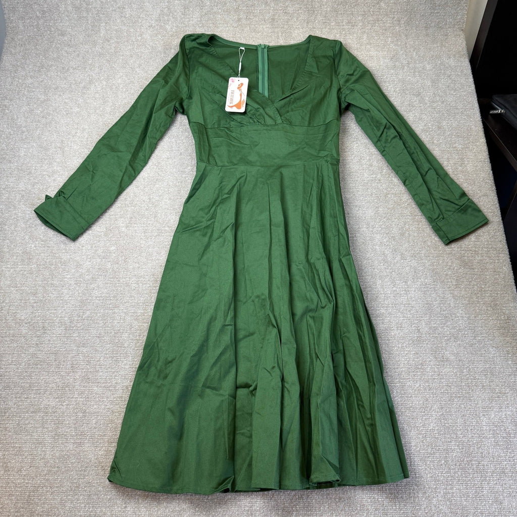 MSRP $51 IWEMEK Womens S Deep Green Fall 3/4 Sleeve 1950s Cocktail Swing Dress