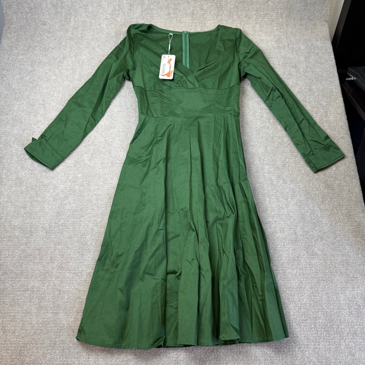 MSRP $51 IWEMEK Womens S Deep Green Fall 3/4 Sleeve 1950s Cocktail Swing Dress