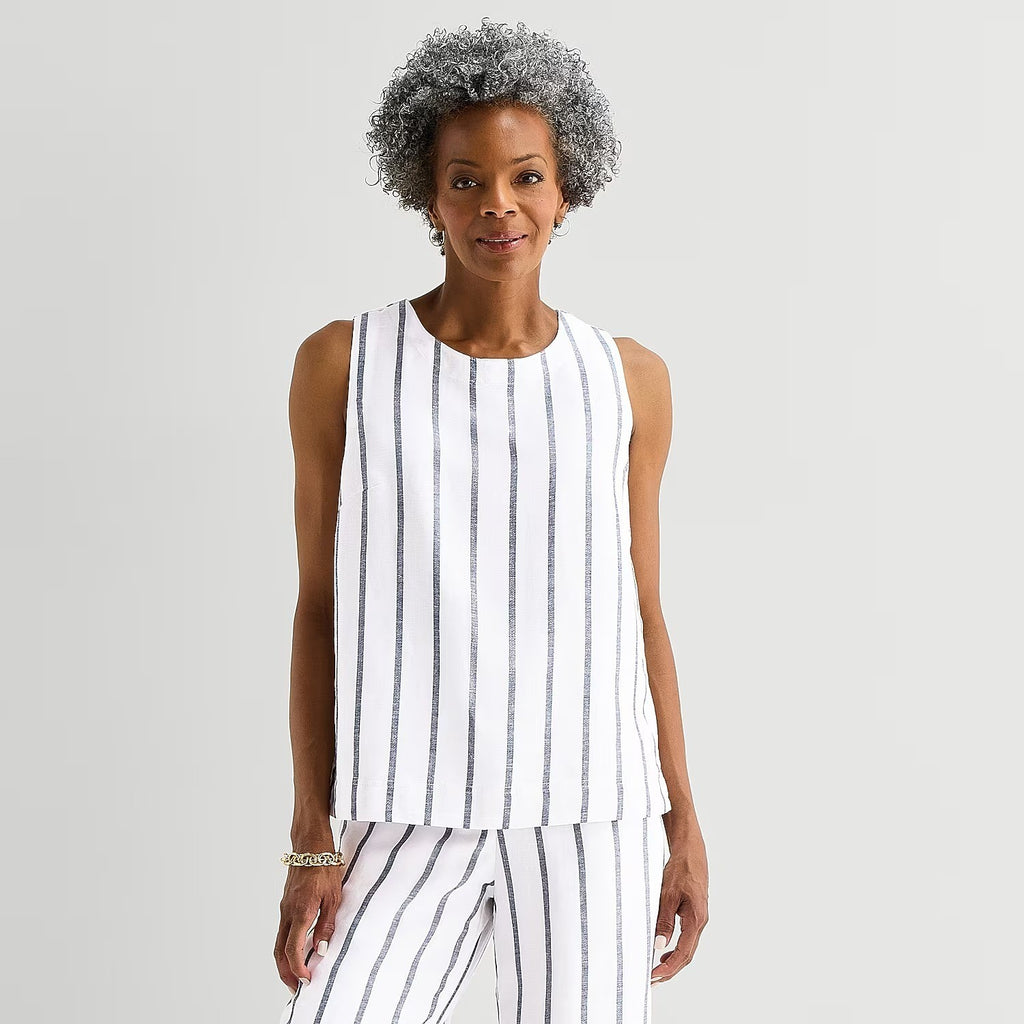 MSRP $40 Liz Claiborne Womens M Navy Stripe Sleeveless Blouse Linen Blend Round