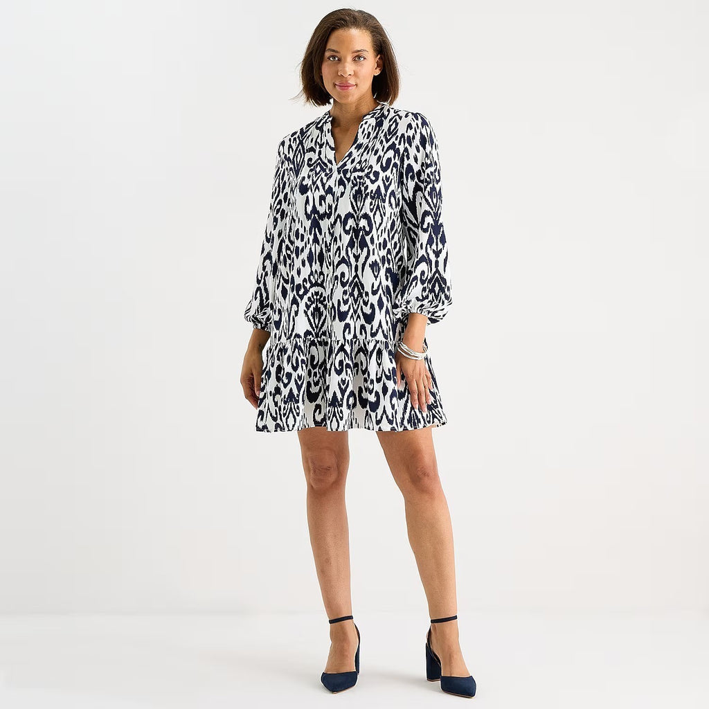 MSRP $69 Be by CHETTA B Womens XL Navy White Shift Dress V Neck Long Sleeve