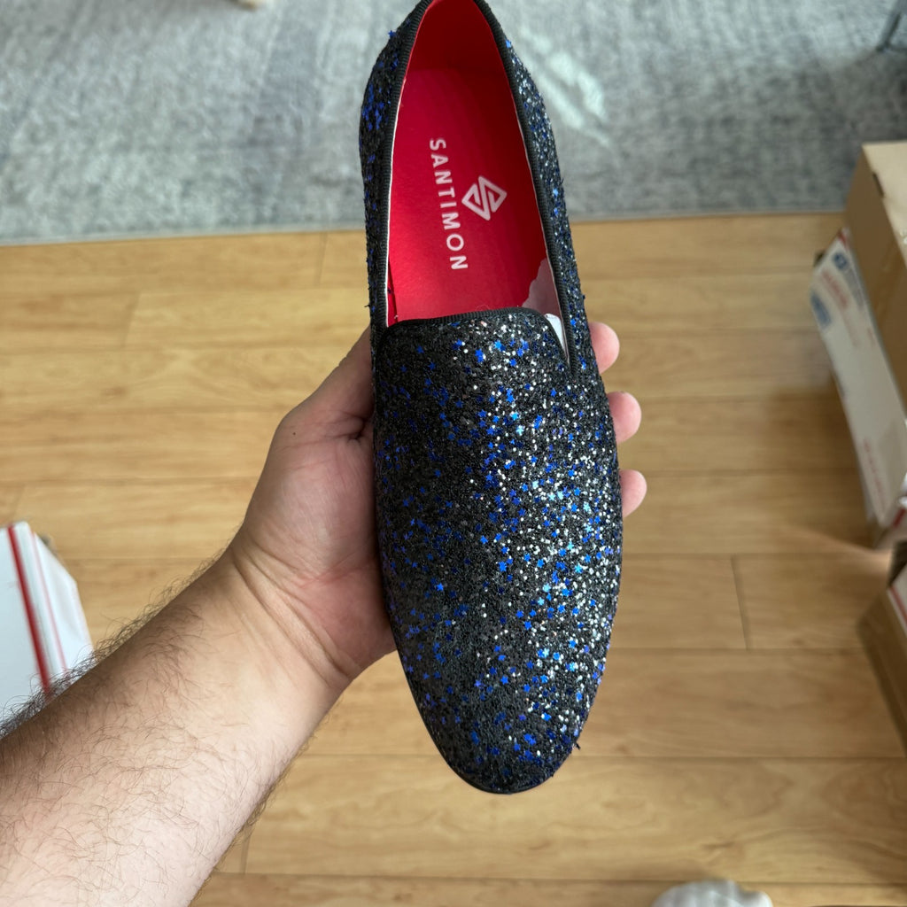 Santimon Men's US 7.5-12 Blue Sequins Glitter Smoking Loafers Casual Shoes