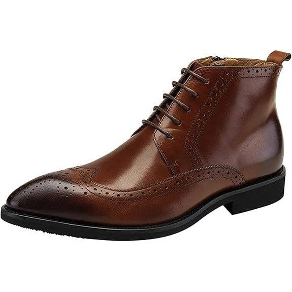 Santimon Men's US 9 Brown Wingtip Pointed Toe Lace Up Ankle Dress Boots Side Zip