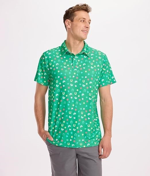 NWT Tomwol Men's Green Lucky Charmer Golf Polo Shirt Funny St Patricks Day Short