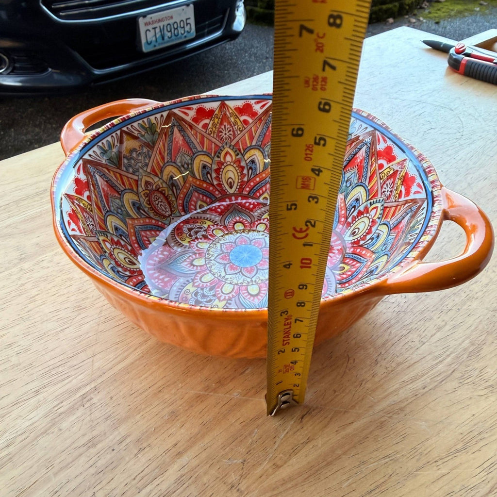 Boho Ceramic Orange Serving Bowl with Handles, Large Porcelain Salad Bowl