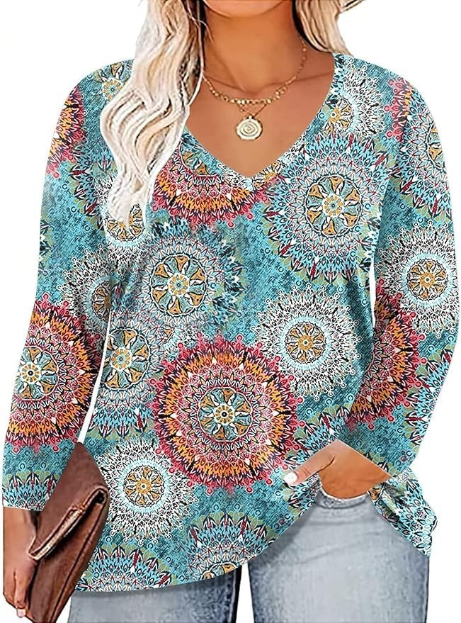 ROSRISS Womens Plus Size 14W-28W Top Long Sleeve Tee V-Neck Tunic Blouse T-Shirt