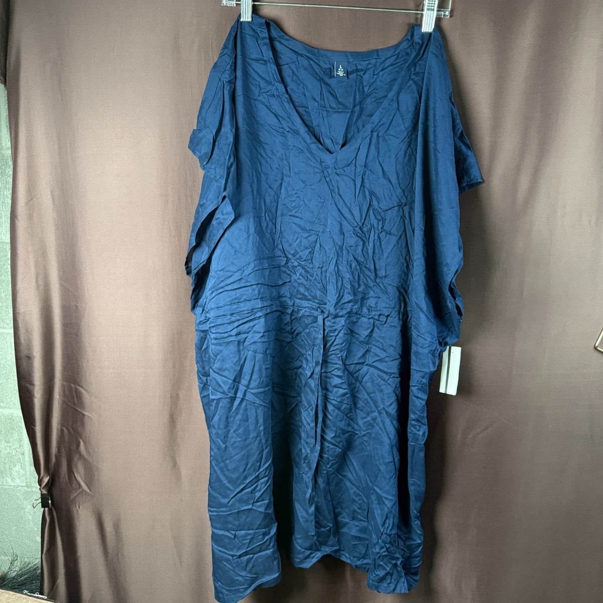 Lands End Women's M-L Deep Sea Navy Sheer Short Sleeve Gathered Waist Swim Dress