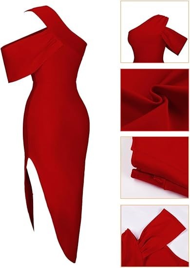 UONBOX Women’s XS-XL Red One Shoulder Side Split Bodycon Midi Bandage Dress