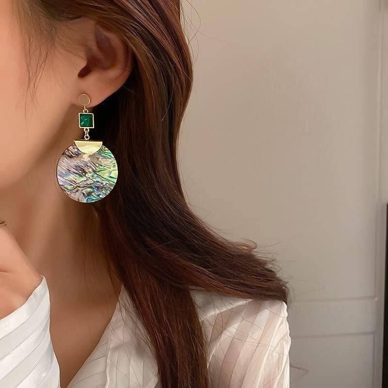 New Vtg Green Glass Tassel Drop Earrings Metal Shell Statement Jewelry for Women