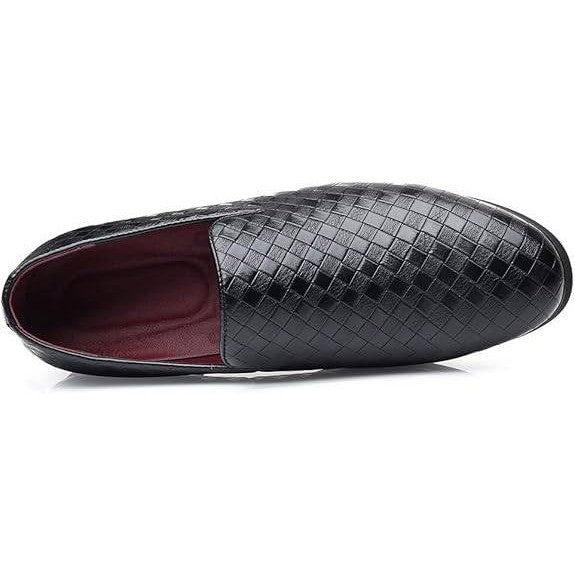 Santimon Men's US 6 Black Woven Moccasin Leather Slip-On Smoking Loafers Lightwe