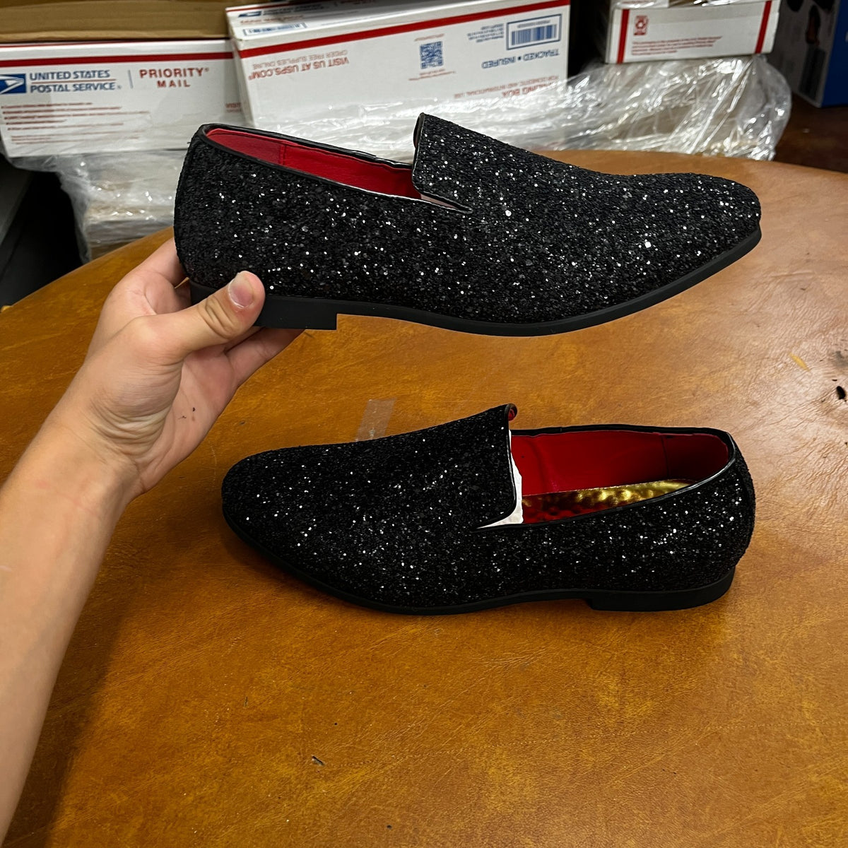 Santimon Men's US 6.5 - 12.5 Black Glitter Slip-On Loafers Sequin Dress Shoes