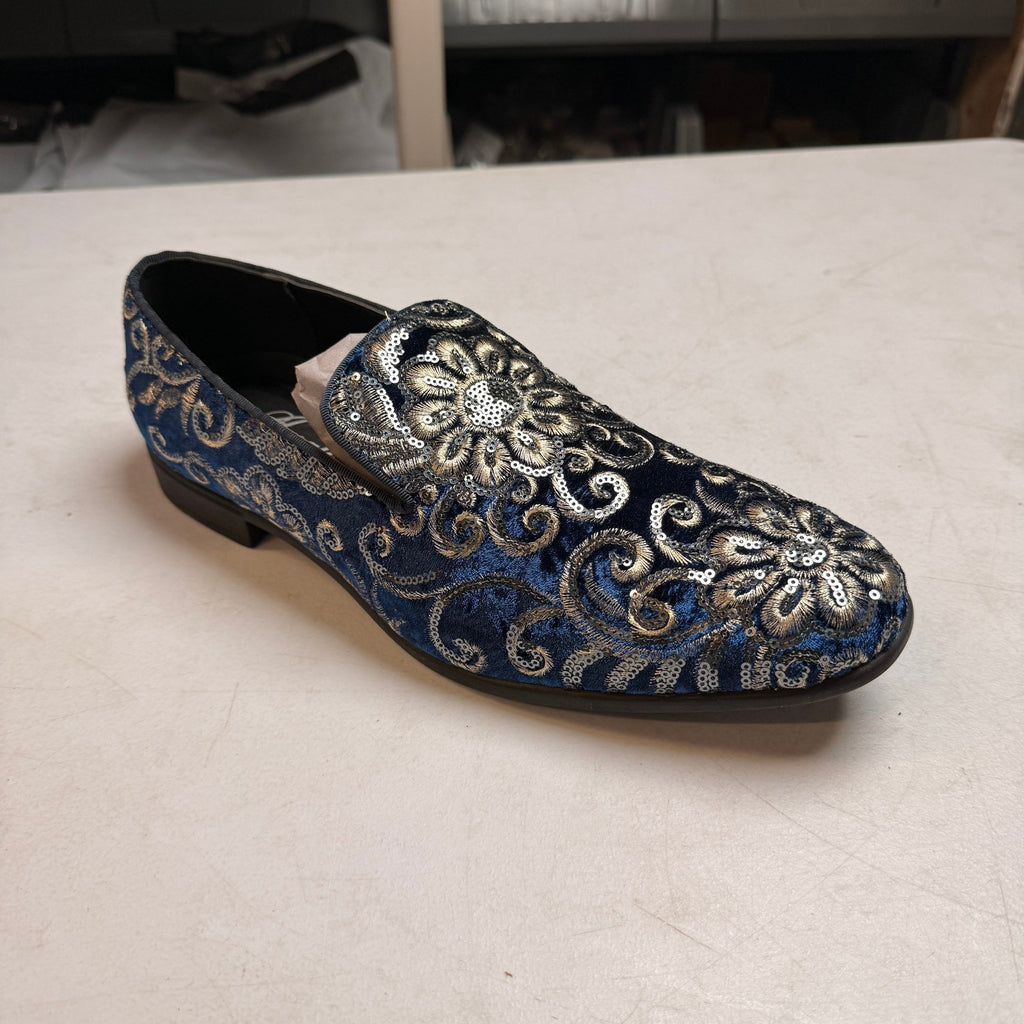 Amali Men's US 12 Navy Velvet Embroidered Sequin Smoking Loafers Slip On Shoes