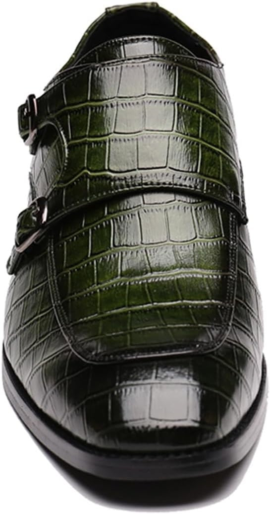 Santimon Men's US 7.5-8 Green Leather Double Monk Strap Slip on Loafer Shoes
