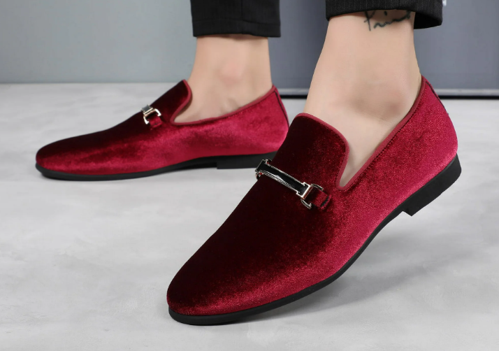 Santimon Men's US 8 - 10 Red Dress Loafers Velvet Horsebit Buckle Moccasin Shoes