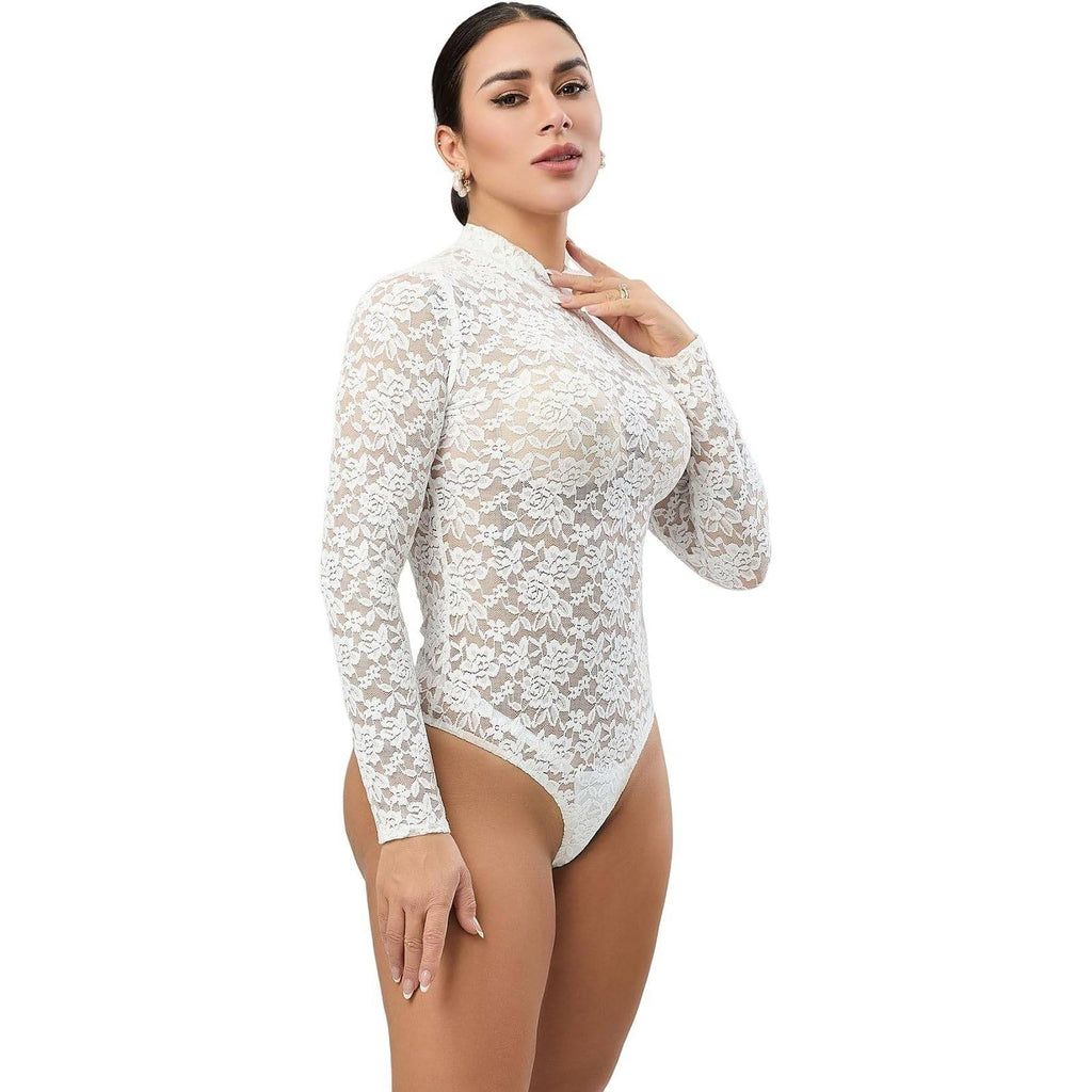 MSRP $33 RARITYUS Women's S See Through Floral Lace Long Sleeve Bodysuit Sexy