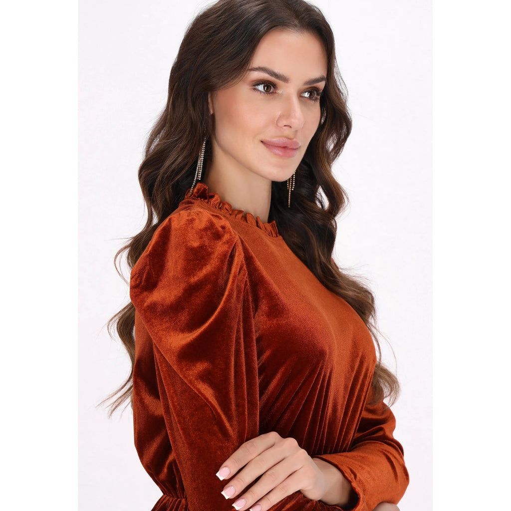 Women's M Chestnut Velvet Mini Dress Long Sleeve Ruffle Neck Pleated Skirt