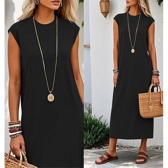 MSRP $20 TZDNI Women's M Black Summer Maxi Long Dress Mock Neck Sleeveless
