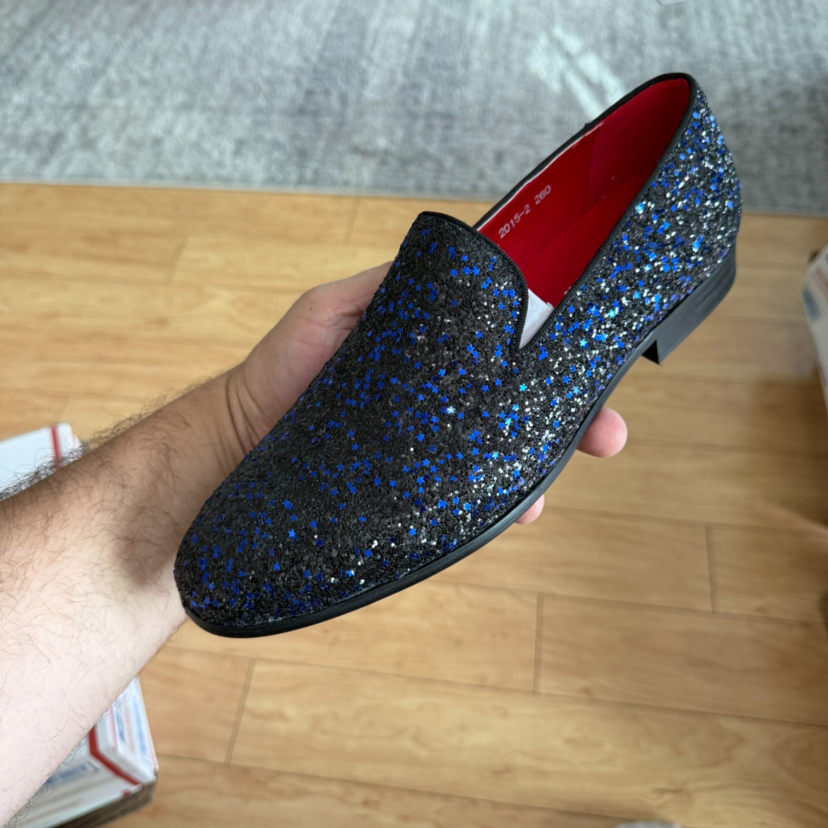 Santimon Men's US 7.5-12 Blue Sequins Glitter Smoking Loafers Casual Shoes