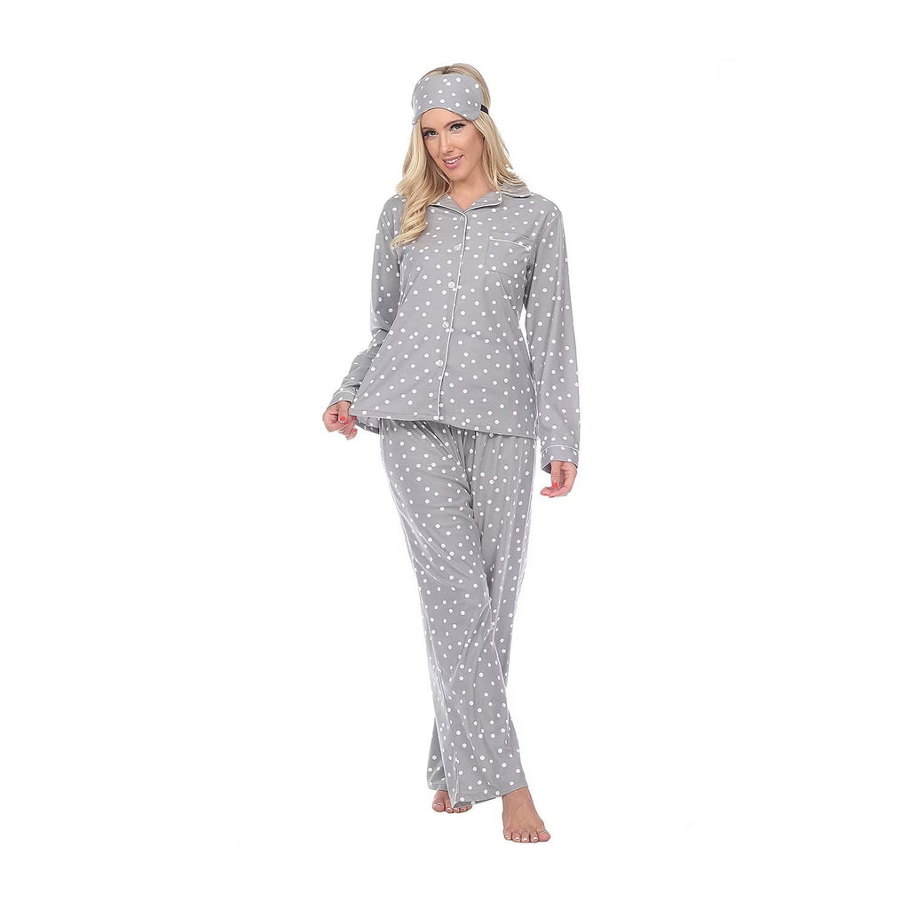 NWT White Mark Women's L Grey Polka Dots 3 Piece Long Sleeve Pants Pajama Set