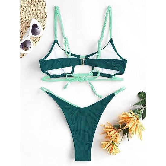 MSRP $44 ZAFUL Women's S Deep Green Sexy Two Piece Bikini Set Cutout Thong Tie