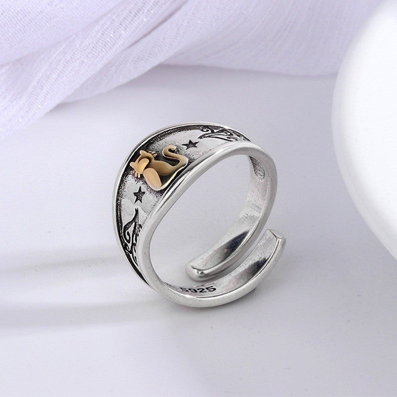 Cat Open Ring 925 Sterling Silver Women's Animal Jewelry Size 7 Adjustable 6-8