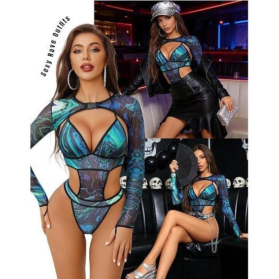 MSRP $35 Avidlove Womens M Tie Dye Rave Outfits 2 Piece Sexy Lingerie Bodysuit