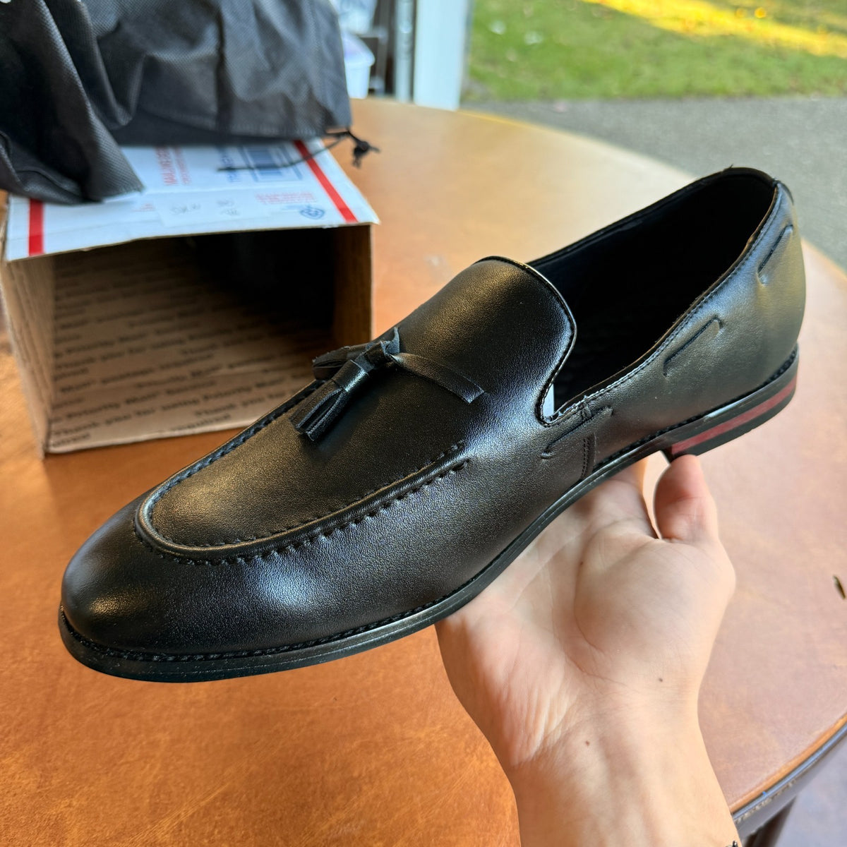 Santimon Men's US 12.5 Black Tassel Flats Loafers Slip On Dress Shoes