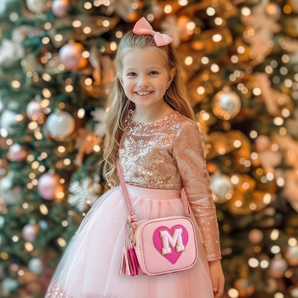 ONECOCOA Girls Crossbody Purse Pink Initial M Toddler & Kids Bag w/ Tassel