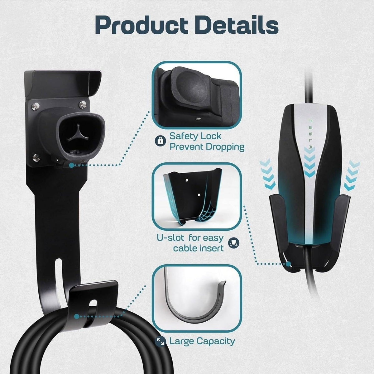 Tesla Charger Holder Black Wall Mount Kit Cable Organizer w/ UMC Indoor/Outdoor