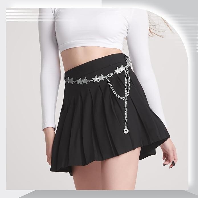 Fingertip WD 2 Pcs Silver Star Chain Belt Y2K Metal Waist Belt Punk Body Chai